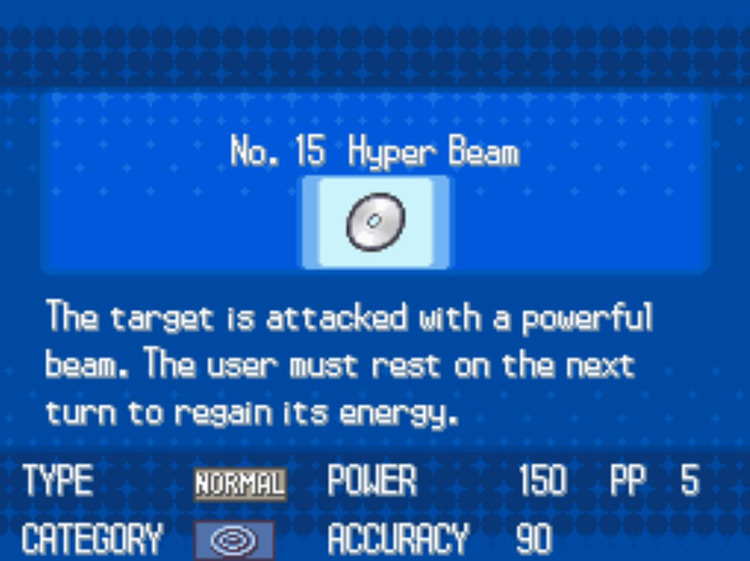 In-game details for TM15 Hyper Beam. / Pokémon Black and White