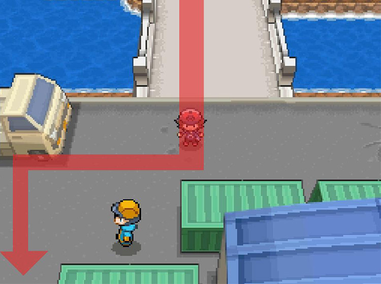 Keep south past the freight containers. / Pokémon Black and White