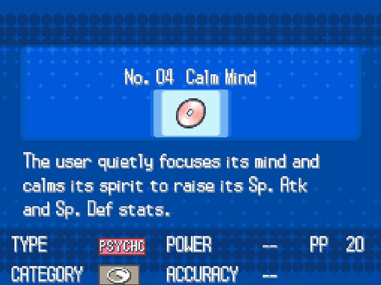 In-game details for TM04 Calm Mind. / Pokémon Black and White