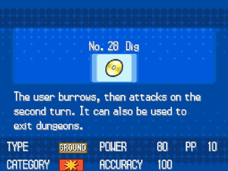 In-game details for TM28 Dig. / Pokémon Black and White
