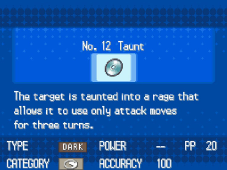 In-game details for TM12 Taunt. / Pokémon Black and White