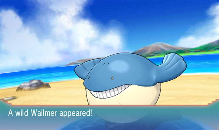Encountering a Wailmer with the Super Rod in Mossdeep City. / Pokémon Omega Ruby and Alpha Sapphire