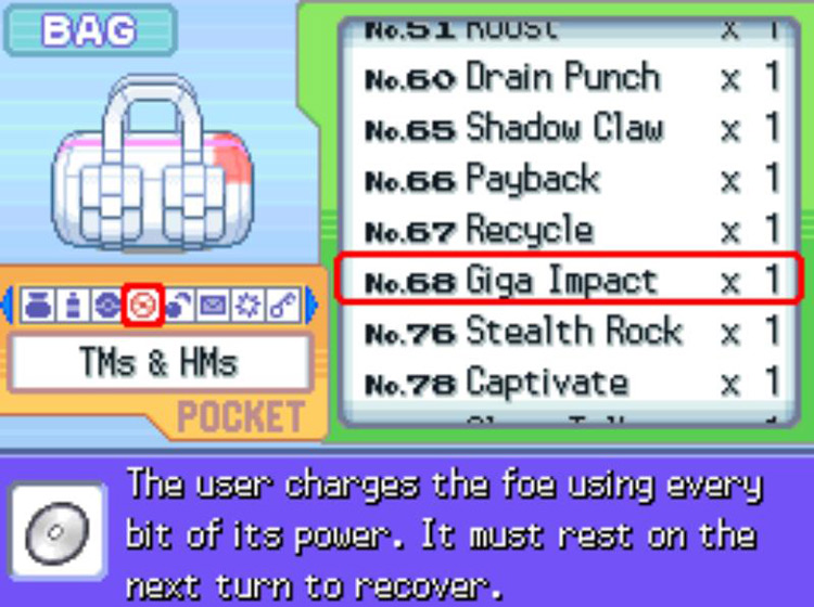 In-game description of TM68 Giga Impact / Pokémon Platinum
