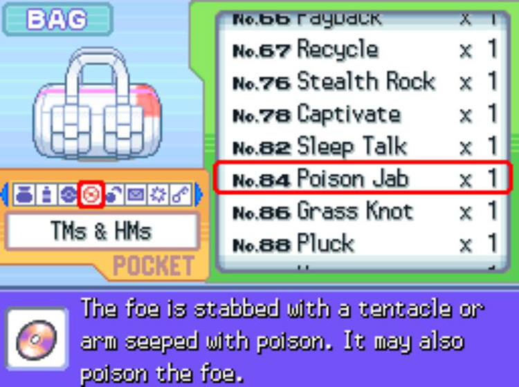 In-game description of TM84 Poison Jab / Pokémon Platinum