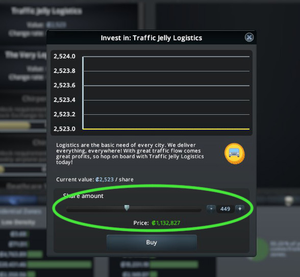 This panel lets you adjust how much you want to invest. / Cities: Skylines