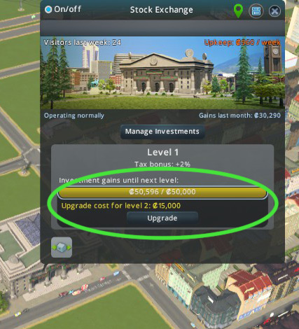 With the required investment gains, the Stock Exchange Upgrade button becomes enabled. / Cities: Skylines