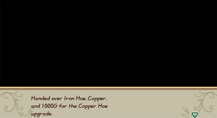 The farmer buys a Hoe upgrade from Saibara. / Story of Seasons: Friends of Mineral Town