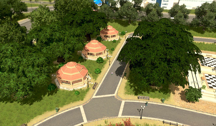 Multiple instances of assets, like these three gazebos, will stack towards your park’s total entertainment value. / Cities: Skylines