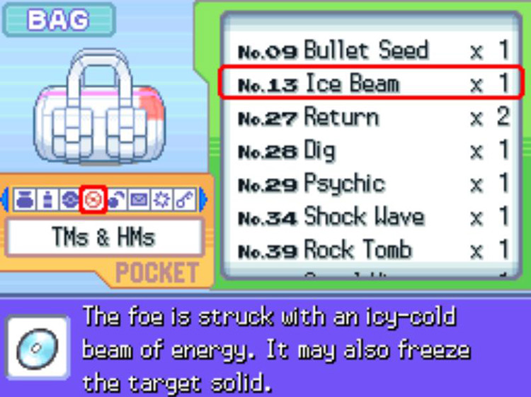 In-game description of TM13 Ice Beam / Pokémon Platinum