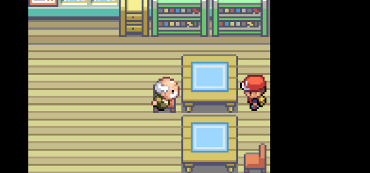 Sitting with the old man that gives you the Powder Jar (FireRed)