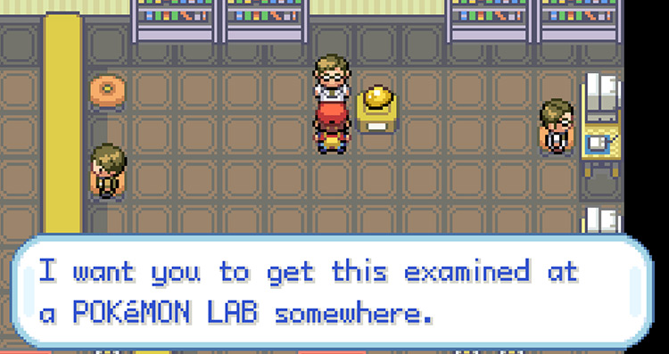 Talking to the Scientist in the Pokémon Lab to obtain the Old Amber / Pokémon FireRed & LeafGreen