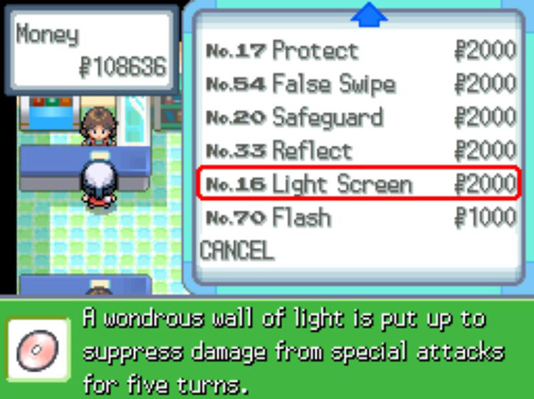 TM16 Light Screen’s listing at the Veilstone Department Store / Pokémon Platinum