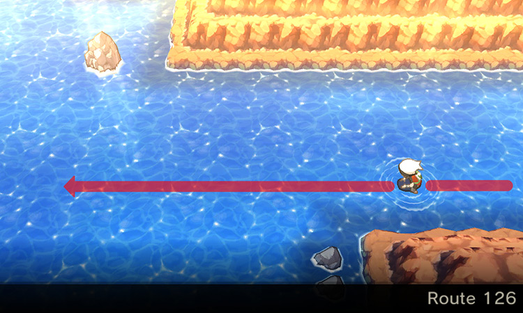Arriving on Route 126 and heading west, towards the dark patch of water. / Pokémon Omega Ruby and Alpha Sapphire