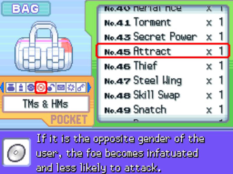 In-game description of TM45 Attract. / Pokémon Platinum