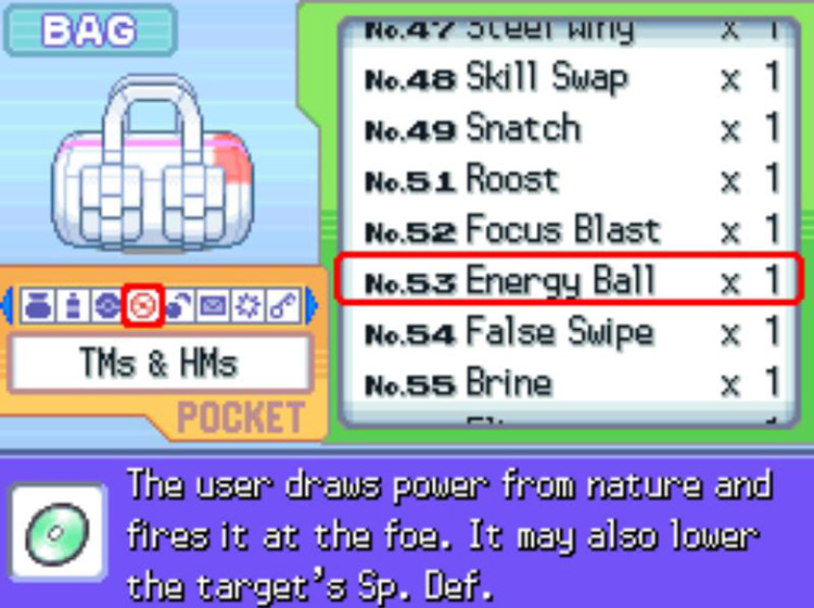 In-game description of TM53 Energy Ball / Pokémon Platinum