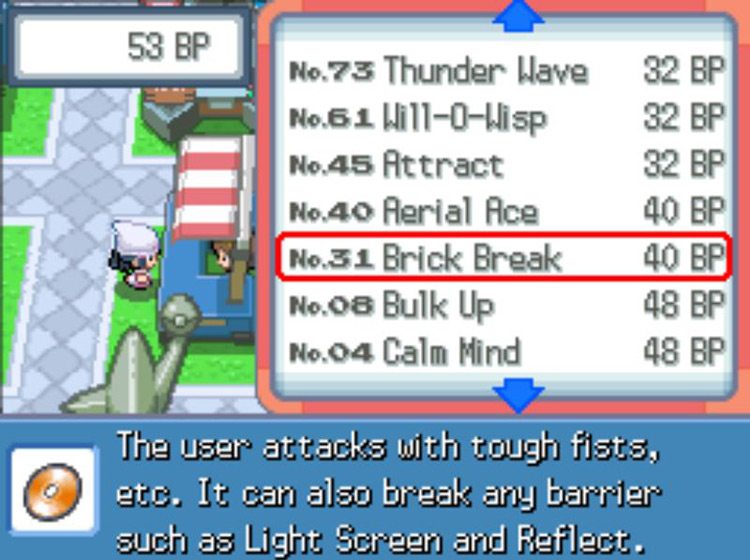 TM31 Brick Break’s listing at the Exchange Service Corner / Pokémon Platinum
