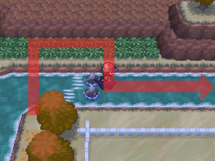Hop onto land and use Surf on the other side of the rocks. / Pokemon BW