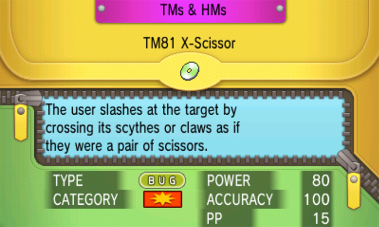 In-game details for TM81 X-Scissor / Pokémon Omega Ruby and Alpha Sapphire