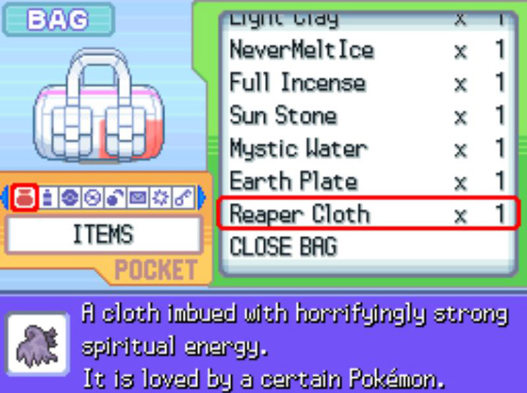 In-game description of the Reaper Cloth / Pokémon Platinum