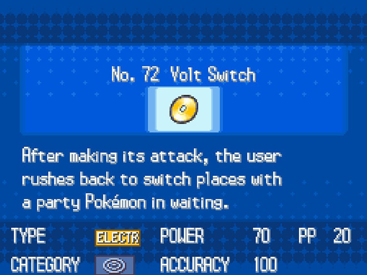 In-game details for TM72 Volt Switch. / Pokemon BW