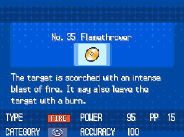In-game details for TM35 Flamethrower. / Pokemon BW