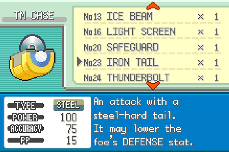 In-game details for TM23 Iron Tail. / Pokémon FireRed and LeafGreen