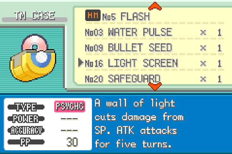 In-game details for TM16 Light Screen. / Pokémon FireRed and LeafGreen