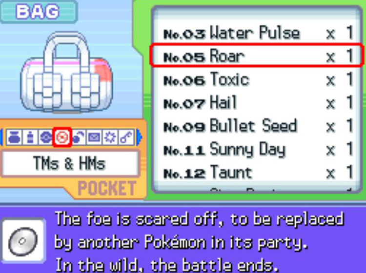 In-game description of TM05 Roar / Pokémon Platinum