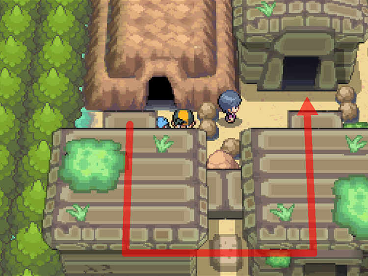 The outside of the Ruins of Alph, with directional arrows to the fourth puzzle chamber / Pokémon HGSS