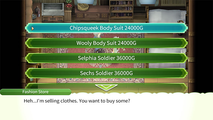 The outfits being sold at the Clothing Shop / Rune Factory 4