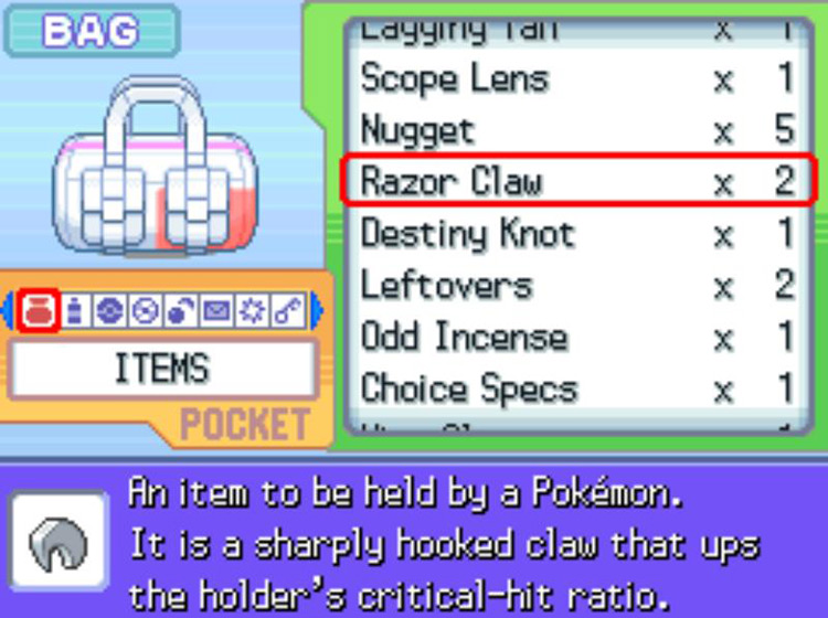 In-game description of the Razor Claw. / Pokémon Platinum