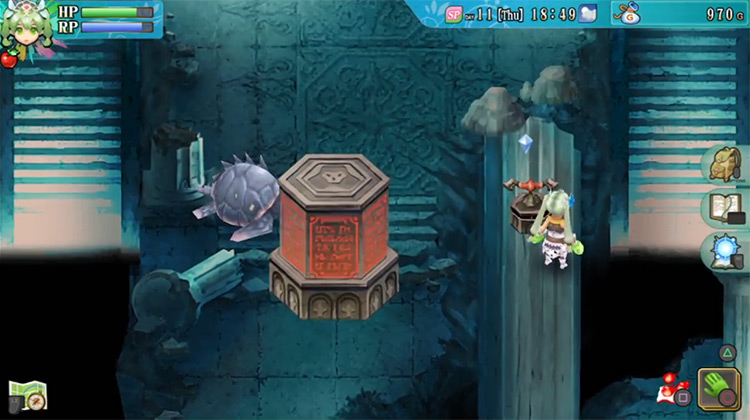 A room in the Water Ruins with a switch and pillar puzzle / Rune Factory 4