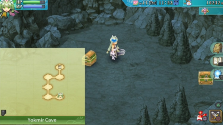 Two chests in Yokmir Cave containing an apple and Sonic Wind / Rune Factory 4
