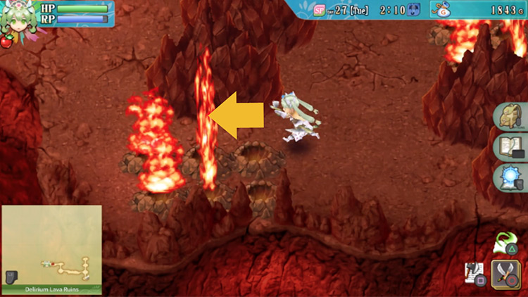 A long stretch filled with geysers in the Delirium Lava Ruins / Rune Factory 4