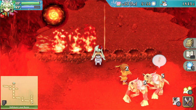 A moving Blaze Gate with a row of geysers blocking the path to it / Rune Factory 4