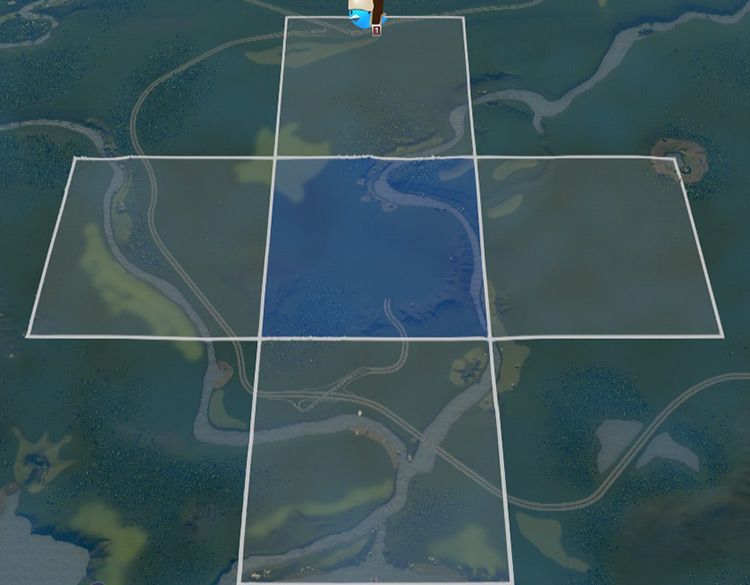 The four tiles that you can choose from for your first expansion on Noyou Port / Cities: Skylines