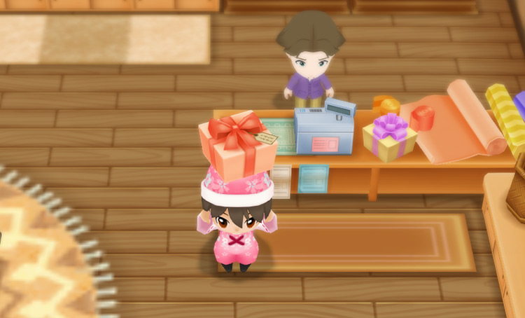 The farmer holds up a wrapped gift in the General Store / SoS: FoMT