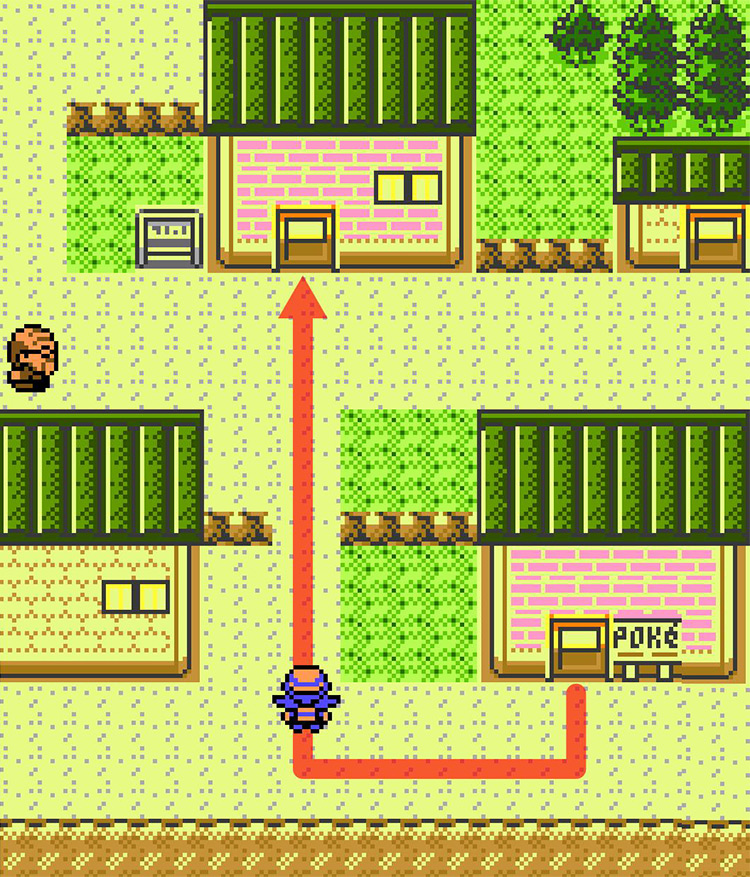 Route to Souvenir Shop (TR Hideout) from the Pokémon Center in Mahogany Town. / Pokémon Crystal
