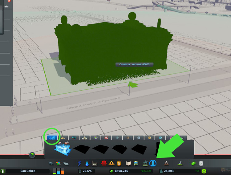 The Stock Exchange in the Financial Buildings tab of the Unique Buildings menu / Cities: Skylines