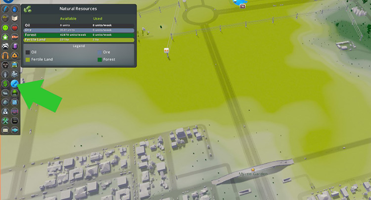 Finding fertile land on the map using the Natural Resources view / Cities: Skylines