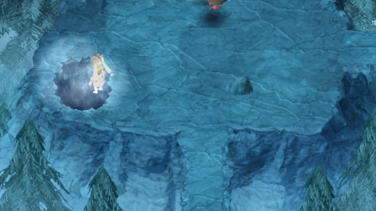 A secret hole that leads to an area of the Maya Road cave with a chest / Rune Factory 4