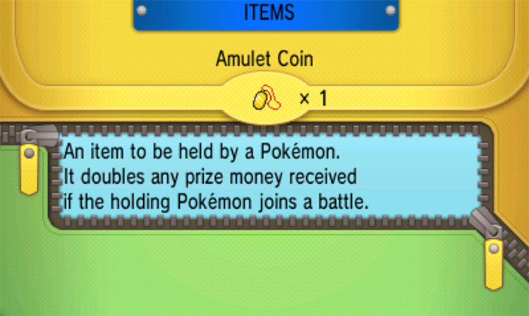 In-game details for the Amulet Coin / Pokémon Omega Ruby and Alpha Sapphire