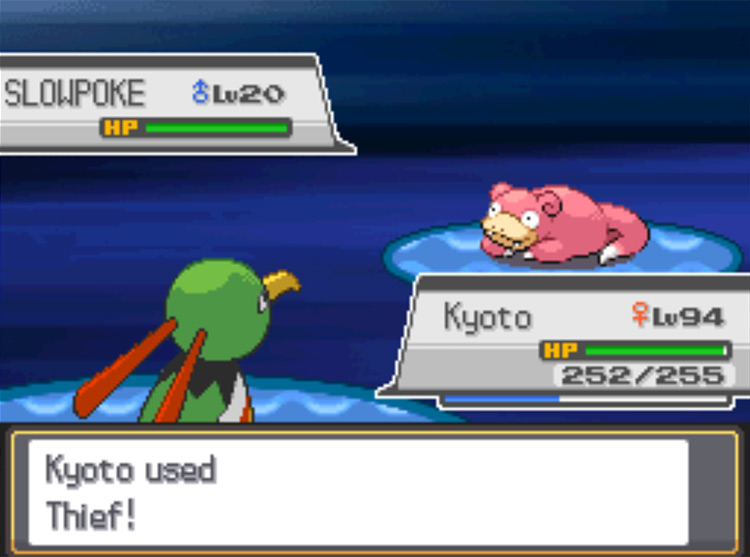 Using Thief on a wild Slowpoke  to attempt to steal his held item / Pokémon HeartGold and SoulSilver