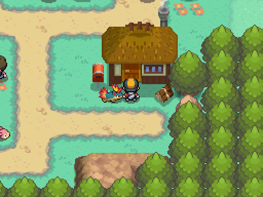 The player outside the charcoal cutter’s house in Azalea town / Pokémon HeartGold and SoulSilver