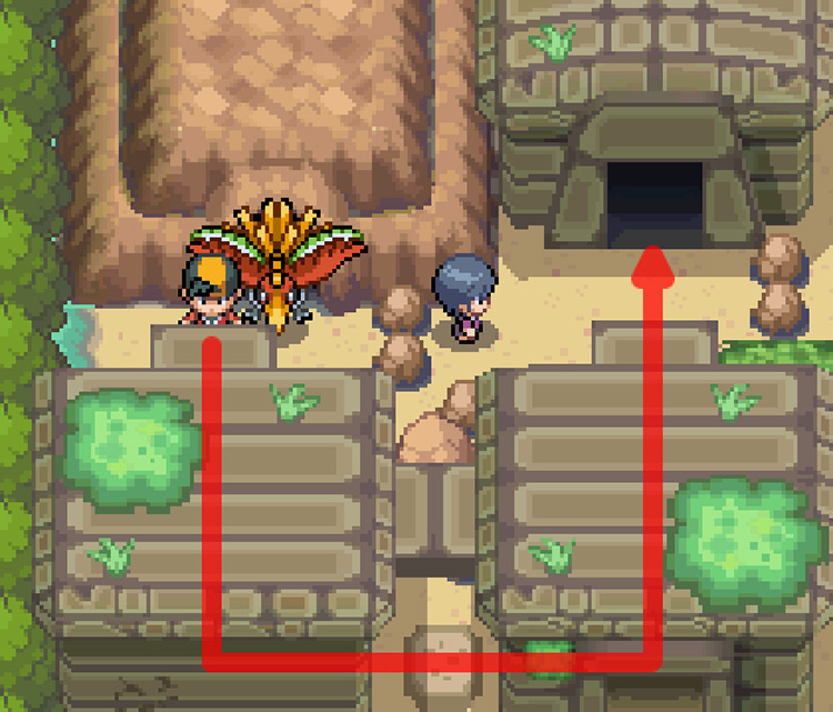 The player standing outside the exit to Union cave in the Ruins of Alph / Pokémon HeartGold and SoulSilver