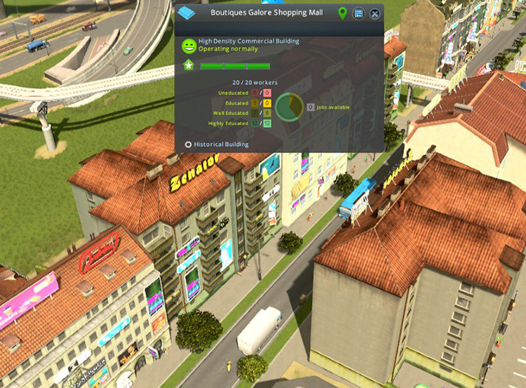 Inspecting this level 3 commercial building shows it employs well educated and highly educated workers. / Cities: Skylines
