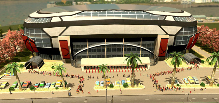 A massive crowd of spectators coming out of the football stadium (Match Day DLC). / Cities: Skylines