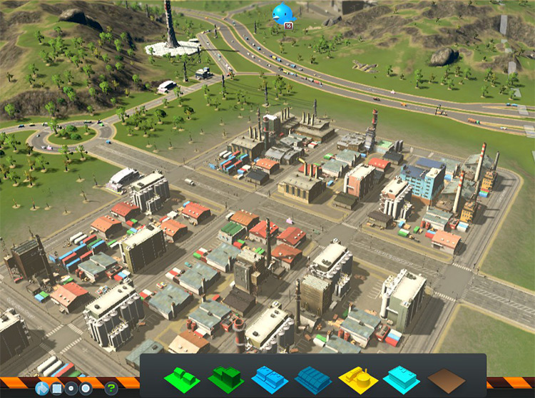This cluster of industry buildings has easy access to a highway without having to pass through residential or commercial zones. / Cities: Skylines