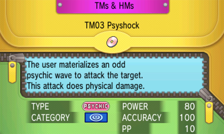 In-game details for TM03 Psyshock / Pokémon Omega Ruby and Alpha Sapphire