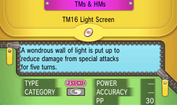 In-game details for TM16 Light Screen / Pokémon Omega Ruby and Alpha Sapphire